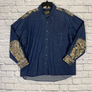 Scottish Greys Denim Shirt Mens XL Camo Hunting Long Sleeve Button Down Dark